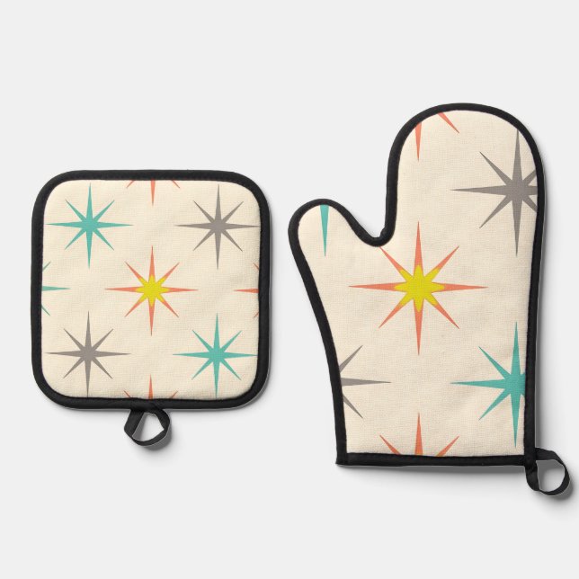 Retro Starburst Mid-Century Pattern Oven Mitt & Pot Holder Set (Front)