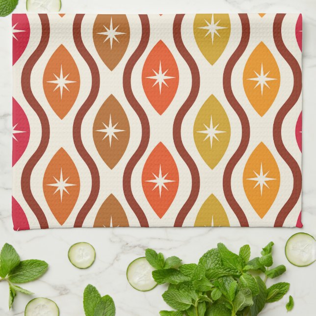 Retro Starbursts on Colourful ogee ovals pattern  Kitchen Towel (Folded)