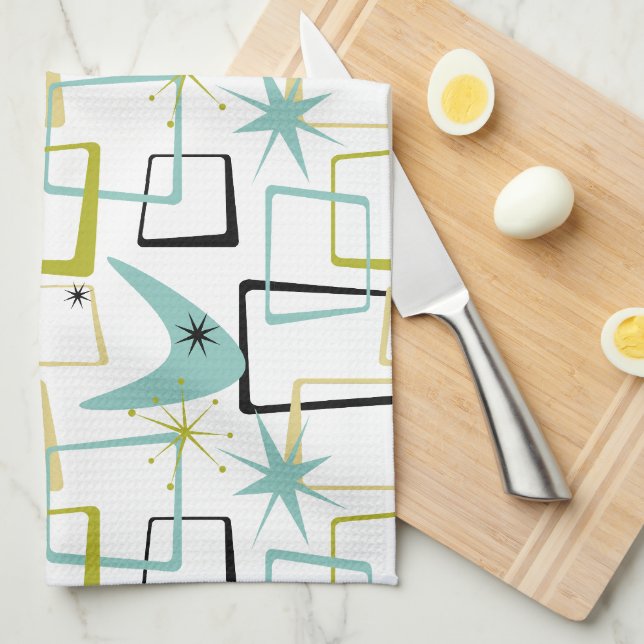 Retro Stars Boomerang Squares Mid Century Kitchen Towel (Quarter Fold)
