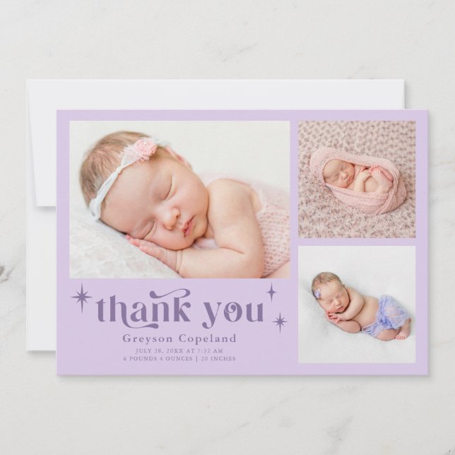 Retro Stars Boy Purple Faire-part de naissance (Devant)