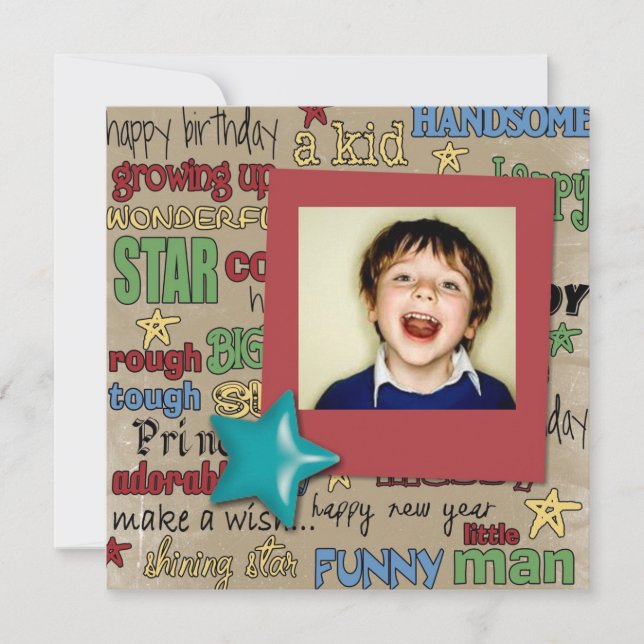retro stars candle boy photo birthday invitations (Front)