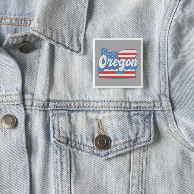 Retro Stars & Stripes Oregon Silhouette 2 Inch Square Button (In Situ)