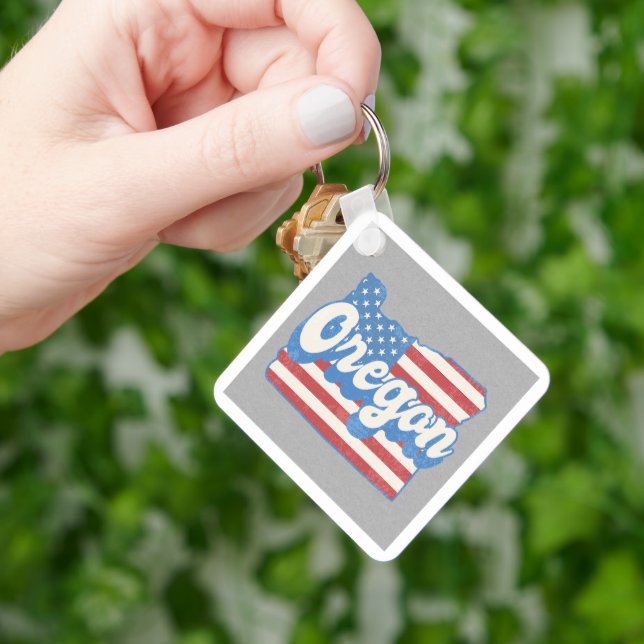 Retro Stars & Stripes Oregon Silhouette Keychain (Hand)