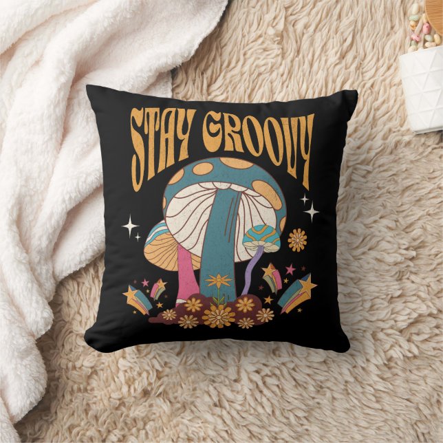 Retro Stay Groovy Mushroom Throw Pillow (Blanket)