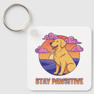 Retro Stay Pawsitive Golden Retriever Sunset Keychain