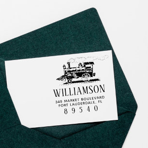 Retro Steam Train Family Name Return Address Rubber Stamp