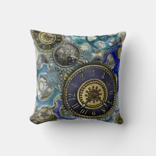 Retro Steampunk Cushion watches gears cogs blue