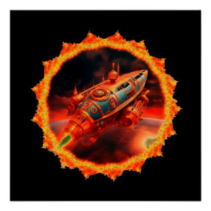 Retro Steampunk Moon Rocket Poster