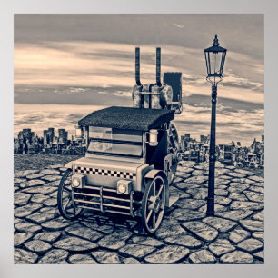 Retro Steampunk Taxi Cab City Art Poster