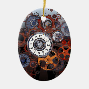 Retro steampunk watch parts, gears and cogs print ceramic ornament