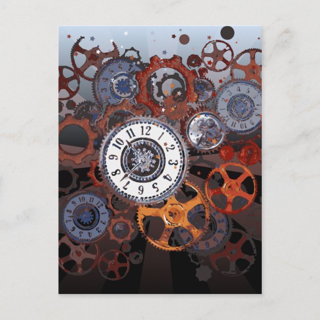 Retro steampunk watch parts, gears and cogs print postcard (Front)