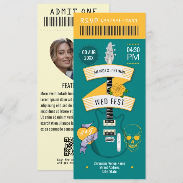 Retro Stereo Rock ’n’ Roll Wedding Ticket Invitation (Front/Back)