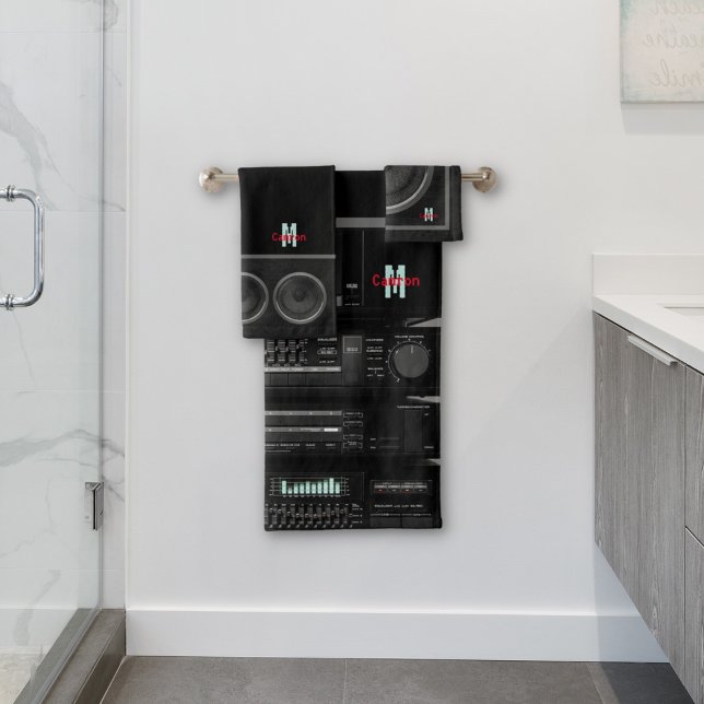 Retro Stereo System Black Bath Towel Set (Creator Uploaded)