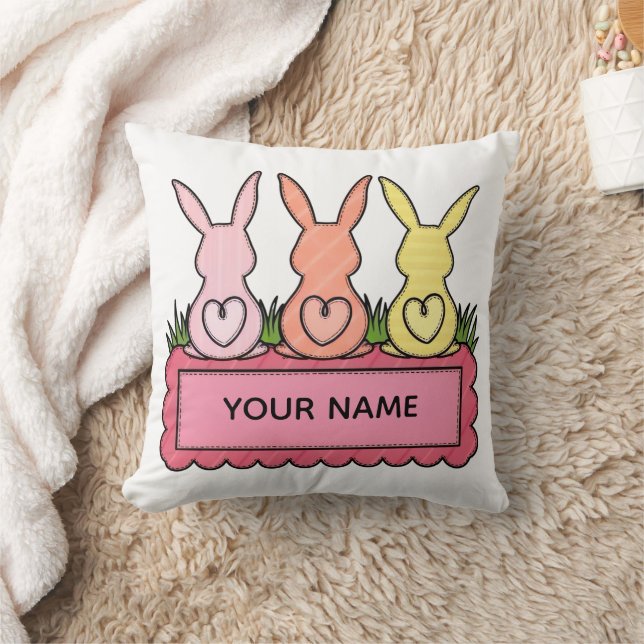 Retro Stitched Easter Bunny Trio Custom Text Banne Throw Pillow (Blanket)