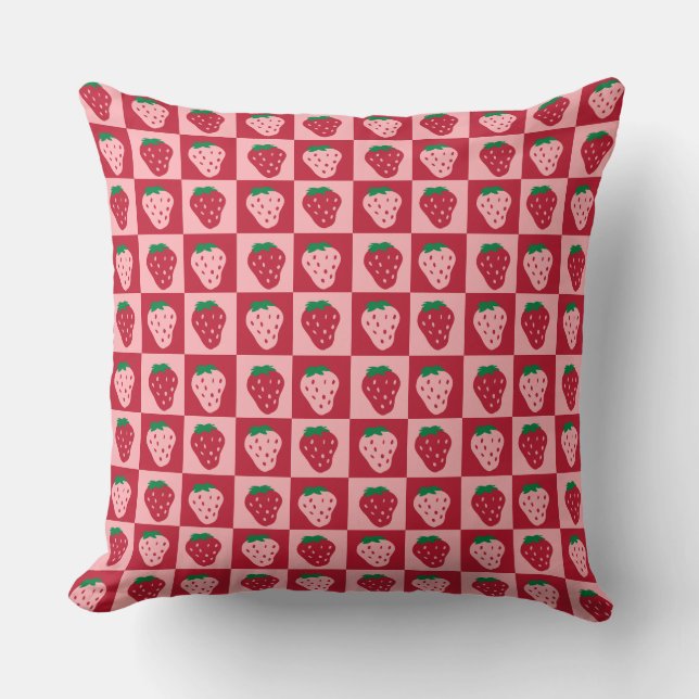 Retro Strawberry Chequerboard Pattern Throw Pillow (Front)