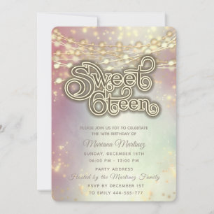 Retro String lights gold sparkle blushed  Invitation