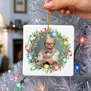 Retro String Lights Whimsical Family Photo Ceramic Ornament