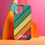 Retro stripe pattern rainbow - Script Name iPhone 15 Case<br><div class="desc">A colourful, retro stripe design with a dark blue background. The stripes are red, orange, yellow, green and a light blue. Add your name or monogram to make this a personal case that will stand out amongst your friends. The name is a trendy script in a large white size. ----...</div>