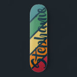 Retro stripe pattern rainbow with Graffiti Name Skateboard<br><div class="desc">A retro rainbow with 70s inspired colours and a minimal pattern. The green,  blue,  yellow,  orange and red colours can be changed. The large stripes running diagonal makes it a bold but minimal look for your board.</div>