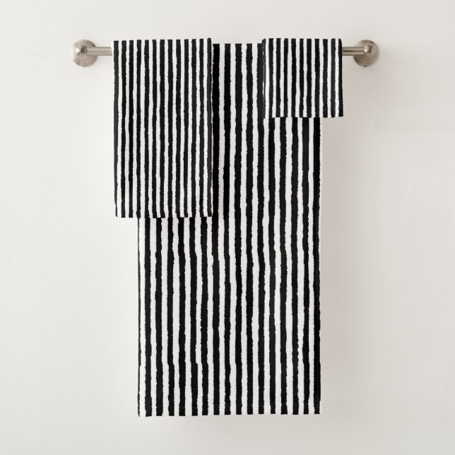 Retro Stripe Pattern Vertical Black and White BW Bath Towel Set (Insitu)