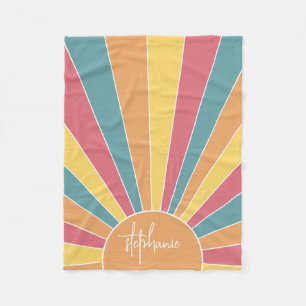 Retro stripe sunrise - pastel rainbow script name fleece blanket