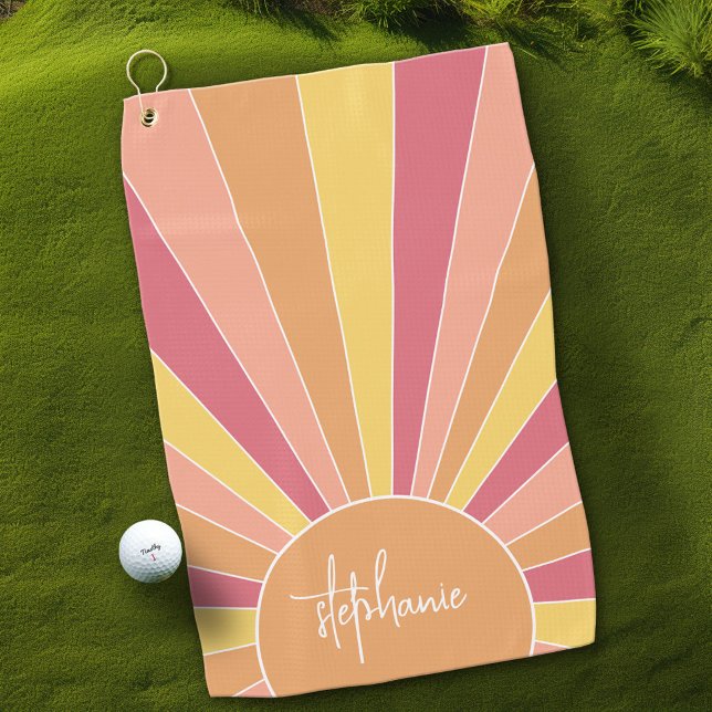 Retro stripe sunrise - pastel rainbow script name golf towel (Custom Golf Towel)