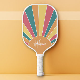 Retro stripe sunrise - pastel rainbow script name pickleball paddle