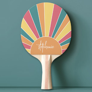 Retro stripe sunrise - pastel rainbow script name ping pong paddle