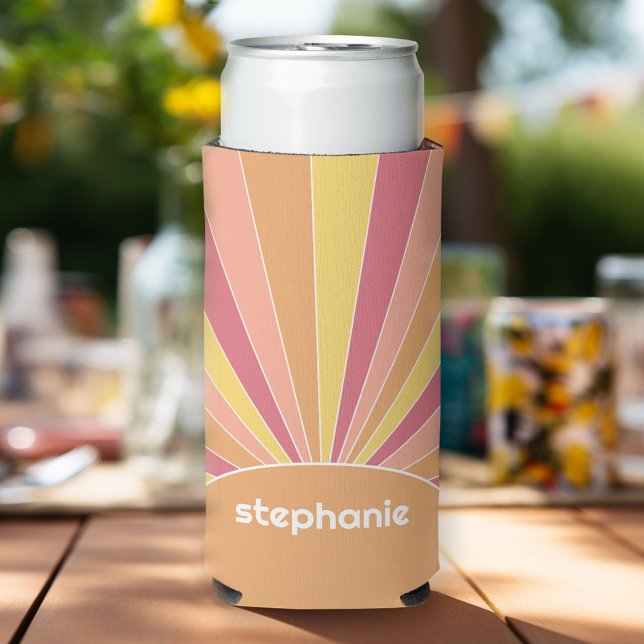 Retro stripe sunrise - pastel rainbow script name seltzer can cooler (Custom Can Cooler)