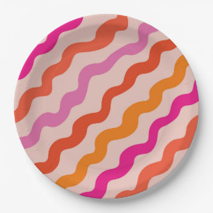 Retro Striped Abstract Waves Pink Red Orange  Paper Plate