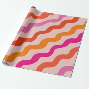 Retro Striped Abstract Waves Pink Red Orange  Wrapping Paper