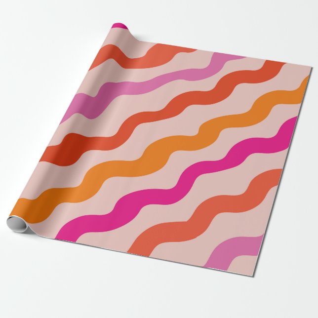 Retro Striped Abstract Waves Pink Red Orange  Wrapping Paper (Unrolled)