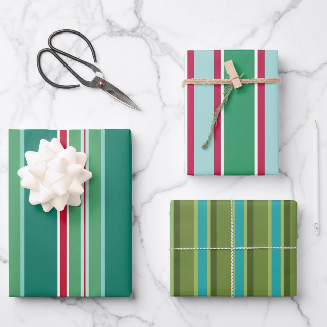  Retro Striped Christmas Wrapping Paper Set  (Front)