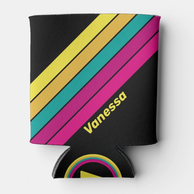 Retro Striped Dark 80s with Name Can Cooler (Front)