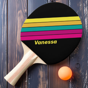 Retro Striped Dark 80s with Name Ping Pong Paddle