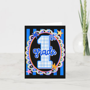 Retro striped first grade teacher 1st grade back card