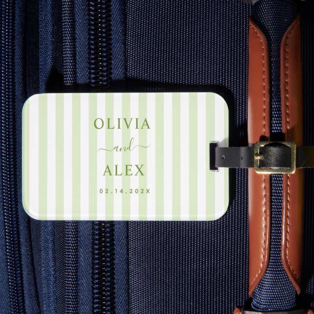 Retro Striped Green Personalized Wedding  Luggage Tag (Front Insitu 4)