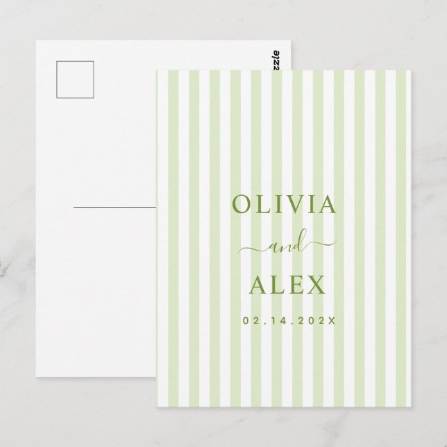 Retro Striped Green Personalized Wedding  Postcard (Front/Back)