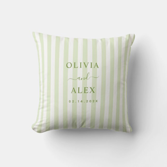 Retro Striped Green Personalized Wedding  Throw Pillow (Front)