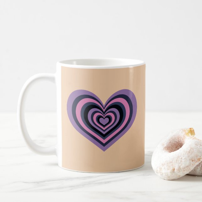 Retro Striped Heart Mug - Purple on Beige (Avec donut)