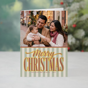 Retro Striped Merry Christmas Family Photo Foil Holiday Card