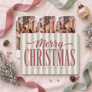 Retro Striped Merry Christmas Family Photo Holiday Card