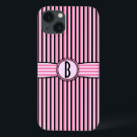 Retro Striped Monogram Pattern Pink Black iPhone 13 Case<br><div class="desc">This cute, girly, slightly retro 50s case design shows pink, light pink and black stripes and a space that you can personalize / customize. Just add your own monogram / initial in the "Personalize It" field. The squared font gives the monogram a vintage modern look. This is a bright, colourful,...</div>