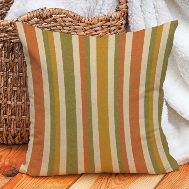 Retro Striped Orange Gold Olive Rust Earth Tone Throw Pillow (Retro boho striped earth tone pillow)