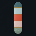 Retro striped    skateboard<br><div class="desc">Retro inspired vertical striped design in tones of teal and sage with orange,  soft pink and gold. Fully customizable with your name,  initials or monogram.</div>