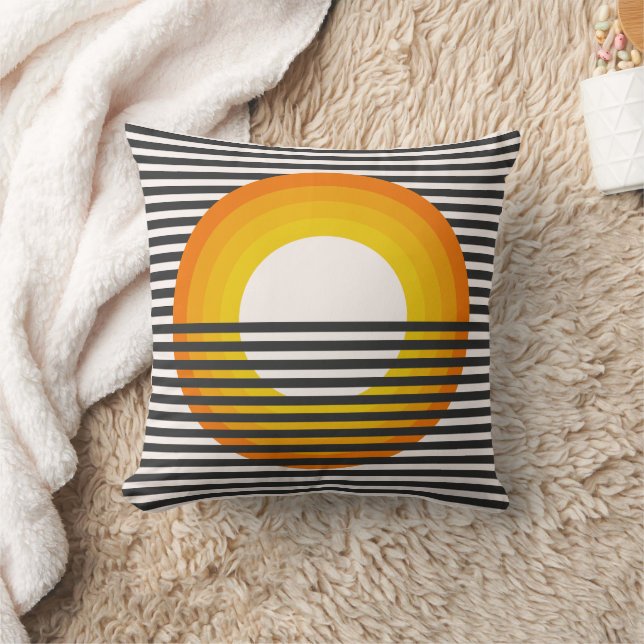Retro Striped Sunset Minimalist Throw Pillow (Blanket)