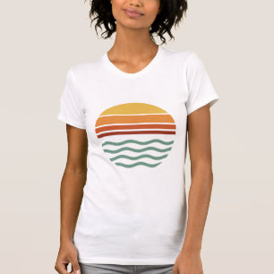 Retro Striped Sunset Over Waves T-Shirt