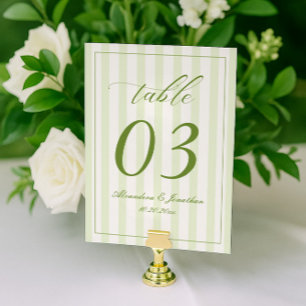 Retro Striped White and Green Wedding Table Number
