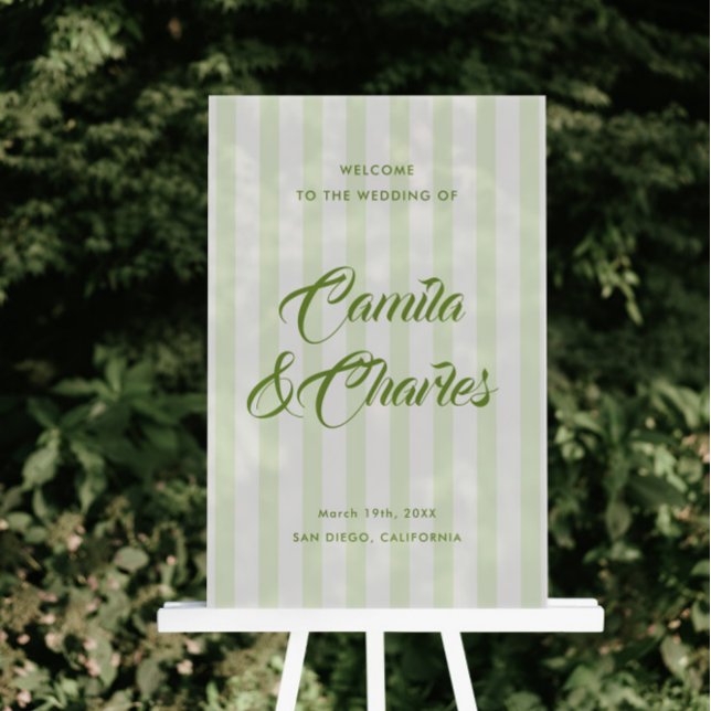 Retro Striped White and Green Wedding Welcome  Acrylic Sign (Creator Uploaded)
