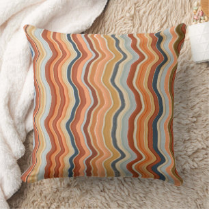 Retro stripes 70s waves boho colourful orange blue throw pillow